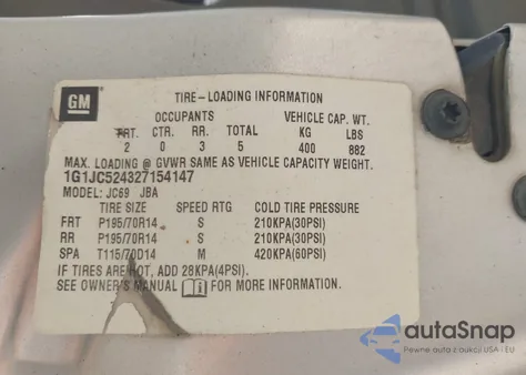 2002 Chevrolet Cavalier z USA, uszkodzony, nr VIN 1G1JC524327154147